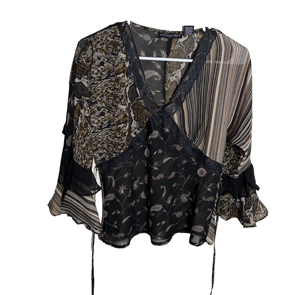 Speed Limit Blouse Women's Medium Tie Ruffle Y2k V-Neck Sheer Top Boho